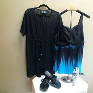 Hanna Nikole Black Turquoise Blue Tankini Top Sz 18W